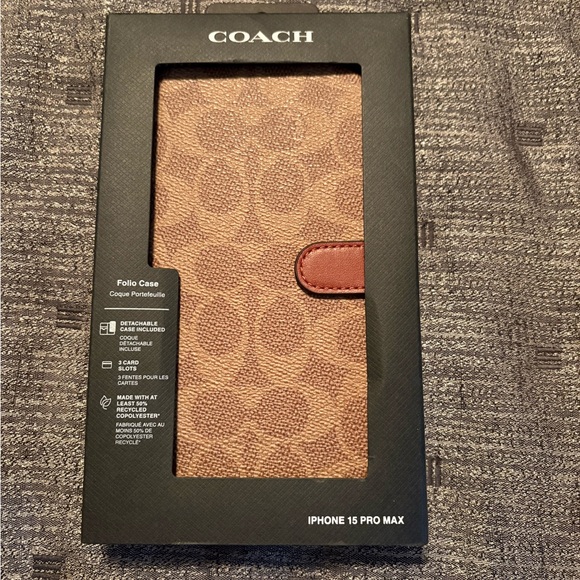 Coach IPhone 15 Pro Case Folio Card Holder Tan Brown Signature Print NWT - Picture 1 of 3